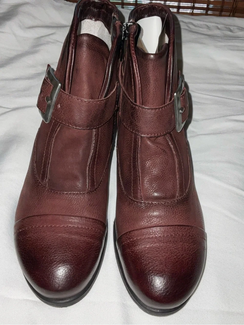 Miz Mooz Burgundy Leather Ankle Booties with Side Zip & Buckle